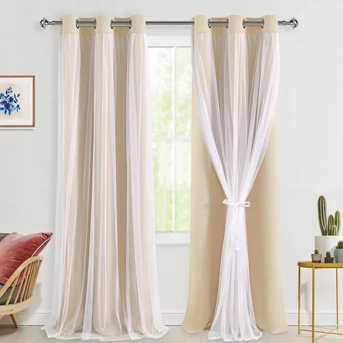 Vista 60 de Hiasan Cortinas opacas con superposición transparente, aislamiento térmico para mezclar y combinar de doble capa, cortinas de oscurecimiento de Beige