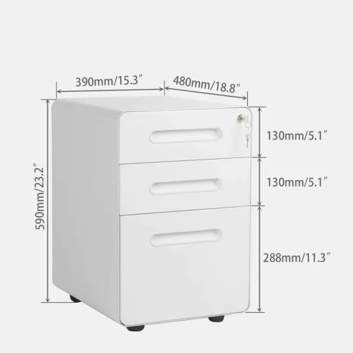 Vista 3 de ApexDesk Archivador móvil de metal vertical de 3 cajones con llaves de bloqueo - Panel frontal gris claro/cuerpo blanco