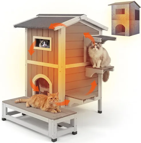 Vista 10 de PetsCosset - Casa Aislada para Gatos al Aire Libre con Balcón, Aislamiento Total, Resistente a la Intemperie, Exterior, Refugio para Gatos Ferales