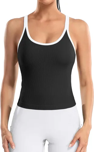 Vista 102 de ATTRACO Camiseta corta acanalada de entrenamiento para mujer con brasier integrado para yoga, espalda cruzada, ajuste ajustado