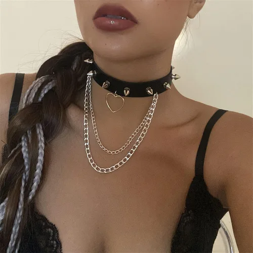 Vista 9 de Collar con colgante para mujer, collar de moda para adolescentes, gargantilla, remaches, amor gótico, corazón suave para mujer, cadena de cuello