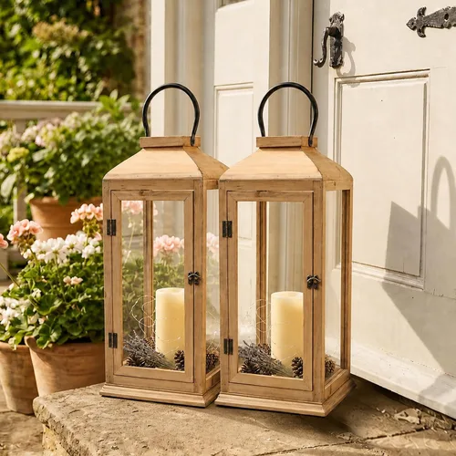 Vista 3 de Bdor Paquete de 2 faroles de madera para exteriores de 22.5 pulgadas para porche, solo farol Cristal templado, puerta delantera, farol decorativo