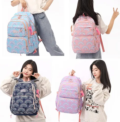 Vista 6 de Mfikaryi Mochila de escuela primaria para niñas, bolsa impermeable para estudiantes con lonchera y estuche para lápices, Azul oscuro