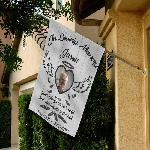 Vista 5 de Bandera conmemorativa personalizada para jardín, en memoria amorosa, bandera de condolencias personalizada con nombre y fecha de foto, banderas
