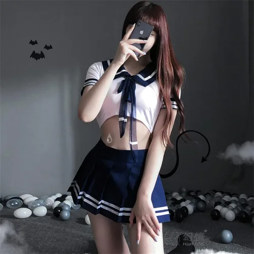 Vista 3 de Lencería sexy para mujer, traje de estudiante, uniforme JK, cosplay, falda plisada