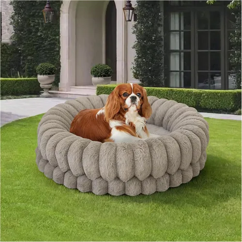 Vista 15 de BALANCE Cama de lujo para perros en forma de dona, camas redondas de 24 pulgadas para perros pequeños, lavable, cama ortopédica calmante para Gris
