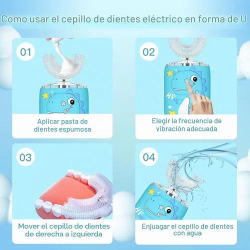Vista 5 de Cepillo de dientes eléctrico en forma de U para niños, dinosaurio sónico, de boca completa, con 4 cabezales de cepillo suave, automático, 6 modos
