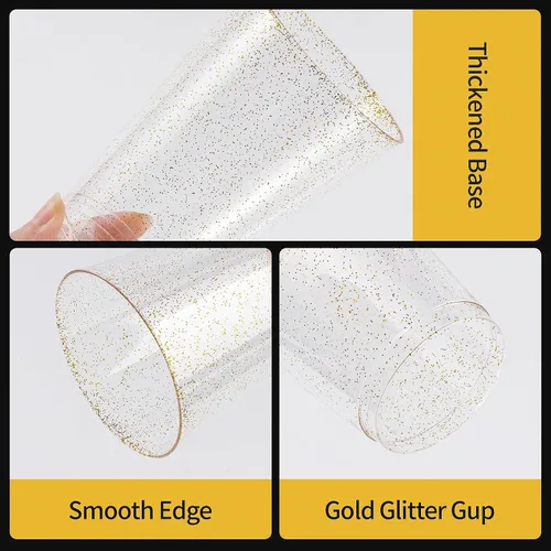 Vista 4 de Goodluck 50 vasos de plástico con purpurina dorada de 10 onzas, vasos desechables con purpurina, elegantes vasos de cóctel de plástico, vasos