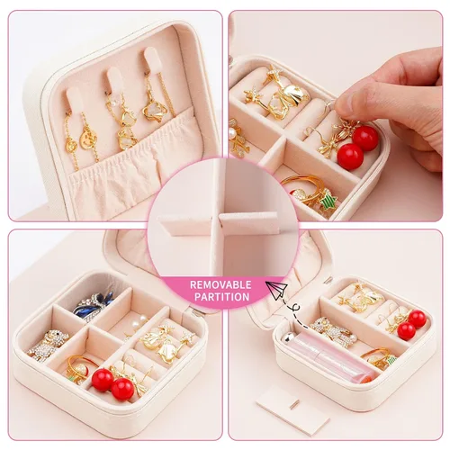 Vista 5 de Mini joyero portátil de viaje de cuero para joyas de anillo organizador caja de regalo de almacenamiento para niñas y mujeres (blanco).
