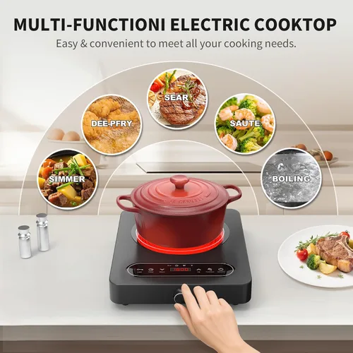 Vista 6 de VBGK Cocina eléctrica de un solo quemador, 110 V 1800 W con controles táctiles LED y controles de perilla, 10 niveles de potencia, temporizador de 4
