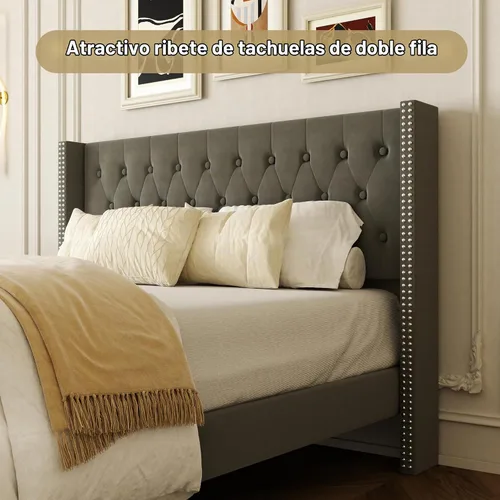 Vista 3 de HAOARA Base de cama de tamaño matrimonial, plataforma tapizada con cabecera con respaldo de ala, botón de terciopelo, fácil montaje, no necesita