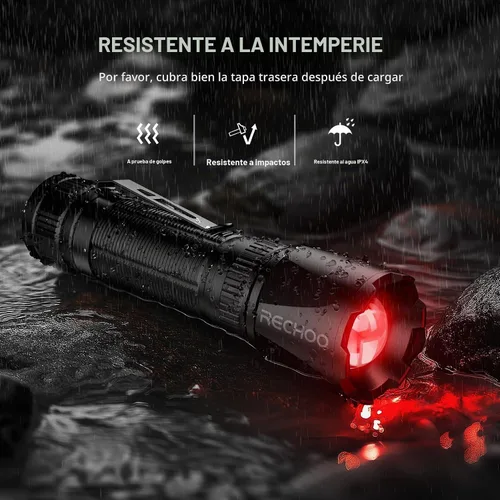 Vista 5 de Linterna de luz roja RECHOO, linternas recargables de LED rojo de 3 modos de alta potencia con clip y cordón, linternas rojas zoomables y portátiles