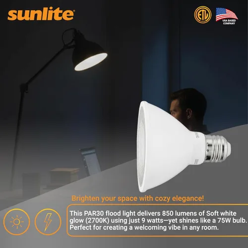 Vista 5 de Sunlite 40979-SU - Bombilla LED PAR30 de cuello corto, 9 vatios, (equivalente a 75 W), 750 lúmenes, base de tornillo medio (E26), regulable, Blanco