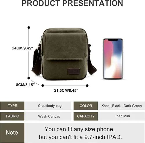 Vista 3 de Bolso cruzado para hombre, bolso lateral para hombre, bolso de hombro para hombres y mujeres, pequeño bolso de mensajero de lona para teléfono