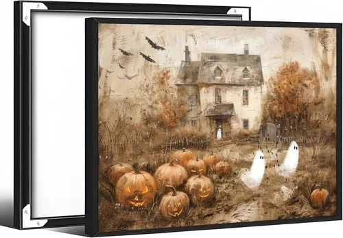 Vista 38 de Arte de pared vintage de Halloween embrujado de granja, parche de calabaza rústica con bonitos fantasmas, póster impreso en lienzo espeluznante