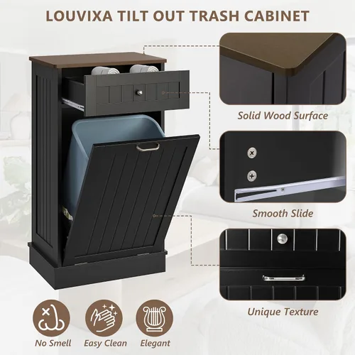 Vista 8 de LOUVIXA Gabinete de basura inclinable, armario de basura oculto con cajón, soporte de madera para basura a prueba de perros, cesta de lavandería