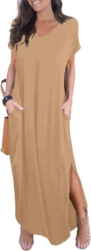 Vista 19 de GRECERELLE - Vestido largo para mujer, holgado, con bolsillos, manga corta y abertura lateral, estilo informal Verde militar