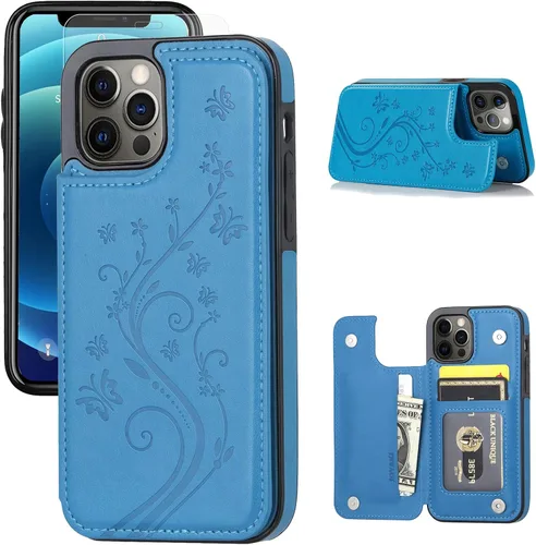 Vista 13 de Funda tipo cartera compatible con iPhone 12 Pro/12, funda protectora delgada con tarjetero, funda premium de cuero sintético con función atril