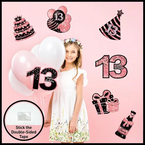 Vista 4 de Decoraciones de cumpleaños número 13 para niñas - 7 piezas de letreros de cumpleaños rosas para el patio con estacas, 2 piezas de luces LED Rosa 13