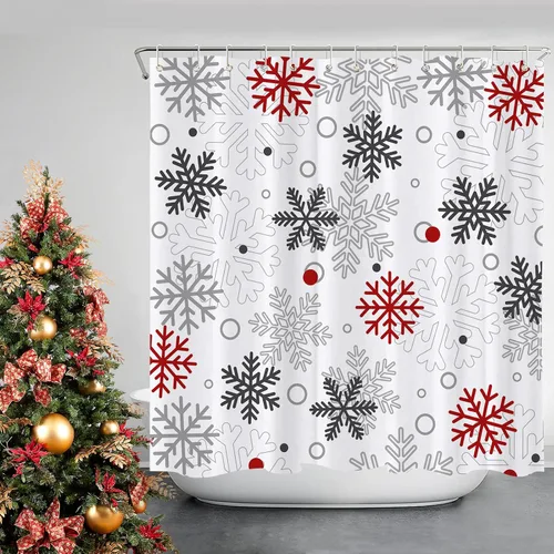 Vista 5 de GOOESING Cortina de ducha de copos de nieve navideños de invierno, rojo gris blanco, impermeable, cortinas de ducha para baño, cortina de ducha