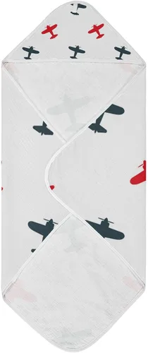 Vista 2 de Kigai Toalla de baño de dibujos animados con diseño de avión de aviones, ultra suave y absorbente, toalla de baño con capucha para bebé recién