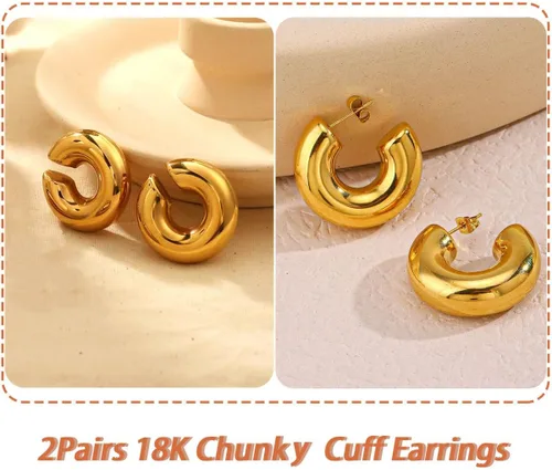 Vista 5 de PINCHUAN Juego de aretes gruesos de oro y aros chapados en oro de 18 quilates, hipoalergénicos, para mujer, sin perforaciones, aretes de oro gruesos