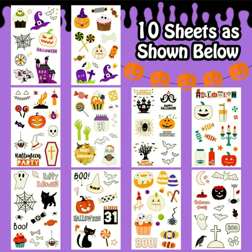 Vista 2 de Partywind Decoraciones de fiesta de Halloween brillantes para niños, 125 estilos, tatuajes luminosos de Halloween con calabaza/zombi/fantasma