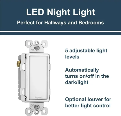 Vista 3 de Pass & Seymour NTLFULLWCC6 - Niveles de luz LED de noche ajustables, color blanco y Legrand Radiante sin tornillos placas de pared para tomas