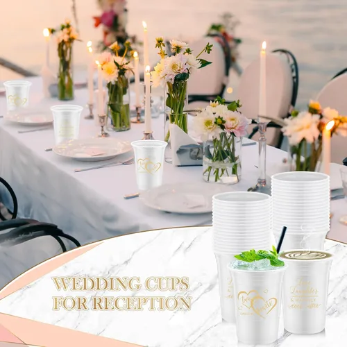 Vista 5 de Layhit - 100 vasos desechables de plástico grueso para boda, tazas blancas de 16 onzas con 2 elegantes diseños de amor, decoraciones para invitados