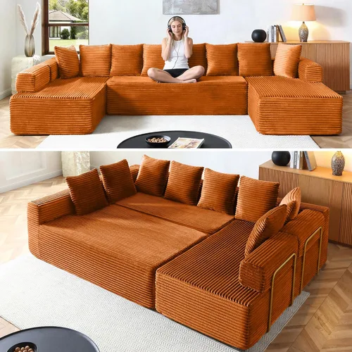 Vista 48 de Sofá grande sin hueso de 125 pulgadas con diván, moderno sofá modular con asiento profundo, sofá tapizado de pana en forma de U para sala de estar
