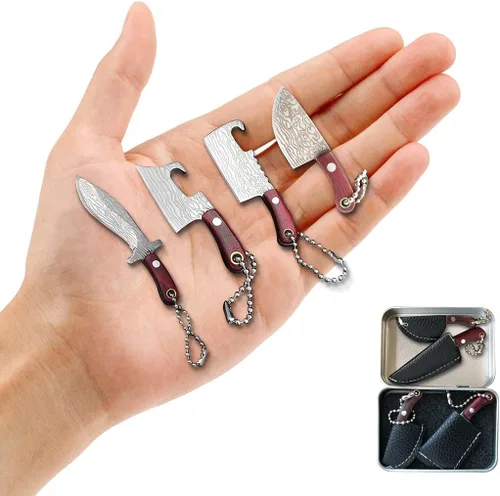 Vista 8 de HAOXU Juego de cuchillos de chef mini de Damasco con vaina, pequeños cuchillos EDC, abridor de paquetes, cortador de cajas, llavero, afilador