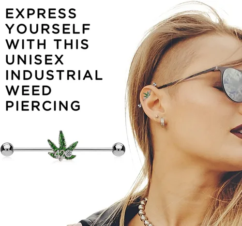Vista 6 de Pierce2GO 420 Weed - Piercing de oreja industrial de acero inoxidable de grado quirúrgico 316L con circonita cúbica, piercing de oreja con colgante