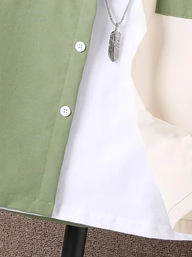 Vista 4 de OYOANGLE Camisa casual de manga larga con botones de bloque de color para niño