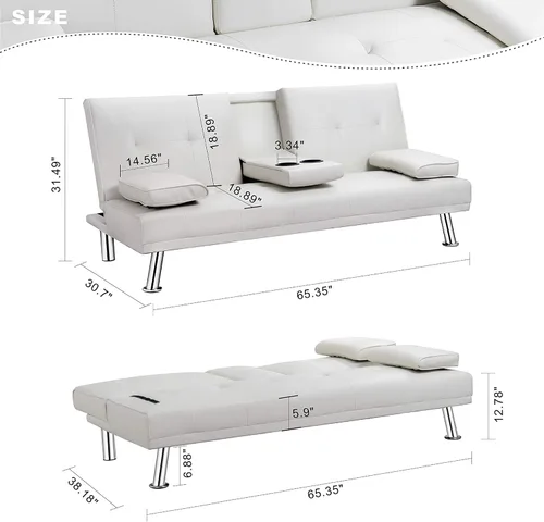 Vista 2 de Walsunny Sofá moderno de piel sintética, sofá reclinable plegable, brazos dobles, sala de estar dormitorio sofá silla (blanco)