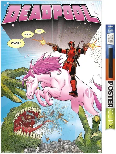 Vista 15 de Marvel Comics Deadpool - Póster de pared de unicornio, 22.4 pulgadas de largo x 14.7 pulgadas de ancho, versión enmarcada de madera de granero