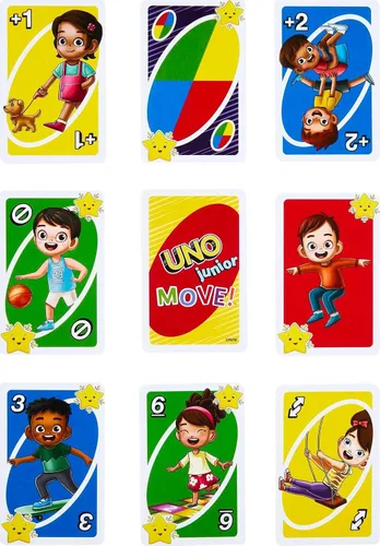 Vista 4 de Mattel Games UNO Junior Move - Juego de cartas para niños con reglas de acción para noche familiar, noche de juegos, viajes, campamento y fiesta