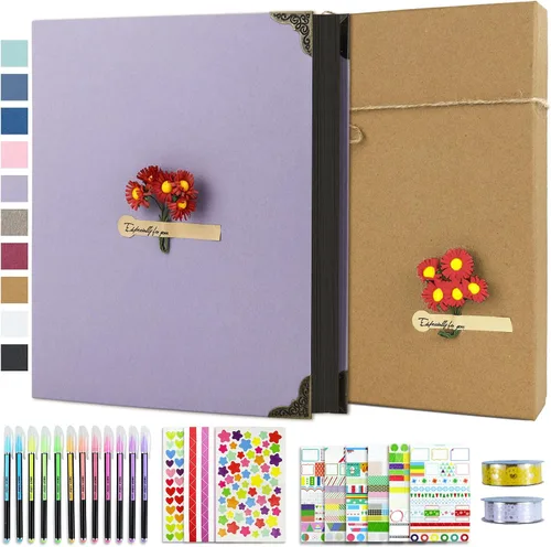 Vista 22 de Vienrose Kit de álbum de fotos de bricolaje con bolígrafos, cintas y calcomanías, 60 páginas, tapa dura de 8.5 x 11 pulgadas, 3 anillos, papel negro