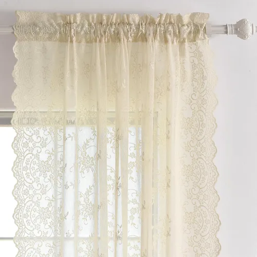 Vista 3 de Kotile - Cortinas de encaje beige de 45 pulgadas de largo para ventanas de cocina, 2 paneles, cortinas de encaje floral de vid traslúcidas