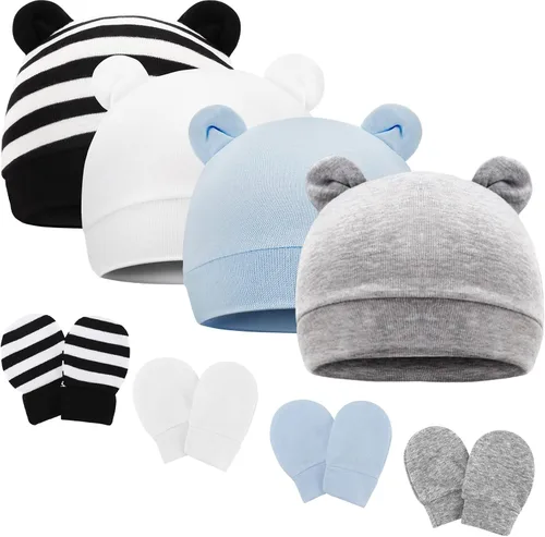 Vista 8 de Conjunto de gorro y mitones para recién nacidos con orejas de oso, gorro para bebé, gorro de hospital para bebé niño o niña, de 0 a 3 meses 4