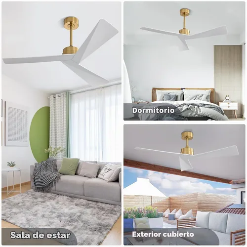 Vista 8 de WINGBO Ventilador de techo CC de 52 pulgadas sin luces, ventilador de techo de latón y blanco con control remoto, 3 cuchillas de plástico ABS, motor
