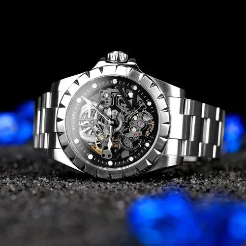 Vista 6 de BODERRY Reloj mecánico automático de titanio para hombre, reloj mecánico automático de esqueleto para hombre, 72H, reserva de potencia, 5ATM