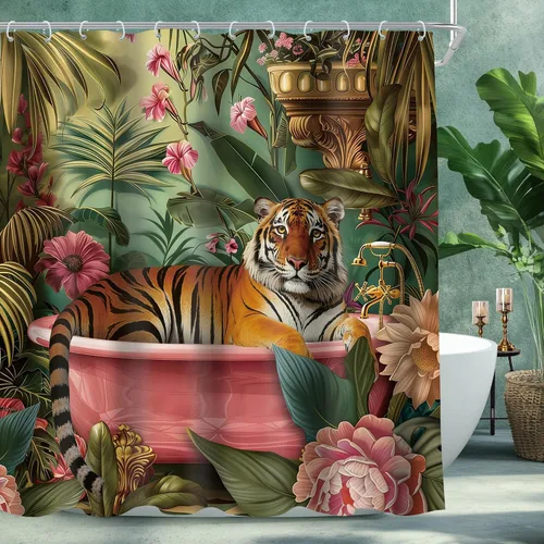 Vista 15 de Juego de cortina de ducha de baño con diseño de leopardo y guepardo rosa A-01pink leopardo verde