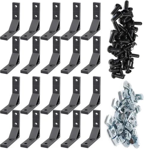 Vista 22 de 10 juegos de perfiles de extrusión de aluminio de la serie 2020, soportes en L de ángulo recto negro con tuercas y pernos de ranura en T M5