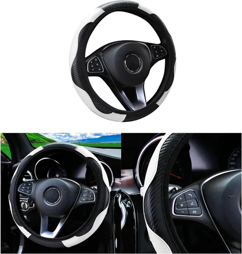 Vista 18 de Funda de volante de coche, 38 cm, de fibra de carbono, de microfibra, de PU, de cuero elástico, protector de volante antideslizante y transpirable