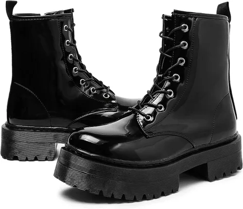 Vista 3 de KEIIYJ Botines gruesos de combate con cordones de plataforma para mujer en negro (KEY1)