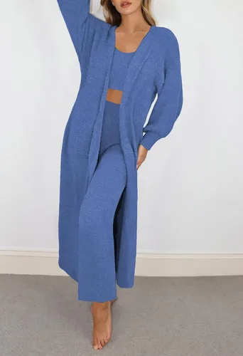 Vista 4 de VamJump Conjunto de 3 piezas para mujer, con cuello redondo, pantalones de cintura alta, cárdigan abierto al frente, conjunto de cárdigan