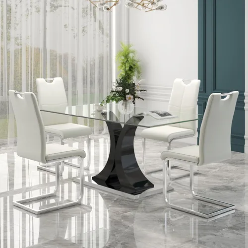 Vista 14 de Juego de comedor moderno de vidrio de lujo de 5 piezas, juego de cena rectangular minimalista grande para 4, juego de mesa de cocina de vidrio