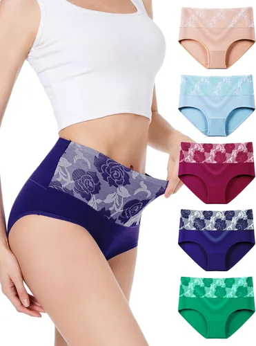 Vista 7 de HAVVIS Bragas Ropa Interior de Mujer de Algodón Cintura Alta Control Abdominal Panties Rosa Jacquard para Damas Multipack Calzoncillos 01 - Paquete