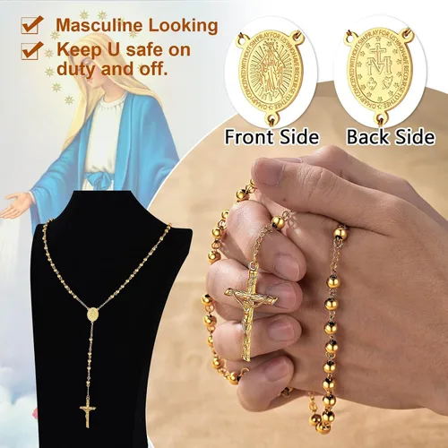 Vista 3 de ChainsProMax Collar con rosario de Virgen MaríaSan Cristóbal y San Miguel para mujer, foto personalizadatexto disponible-Envía caja de regalo