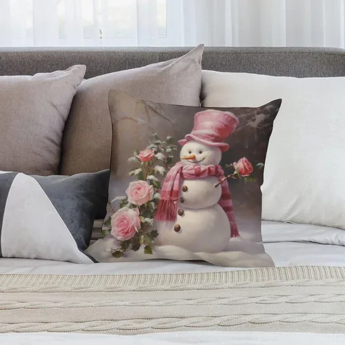 Vista 7 de Funda de cojín de muñeco de nieve con rosas rosadas, bufanda y sombrero, funda de almohada para cama, decoración moderna para sofá, dormitorio, sala